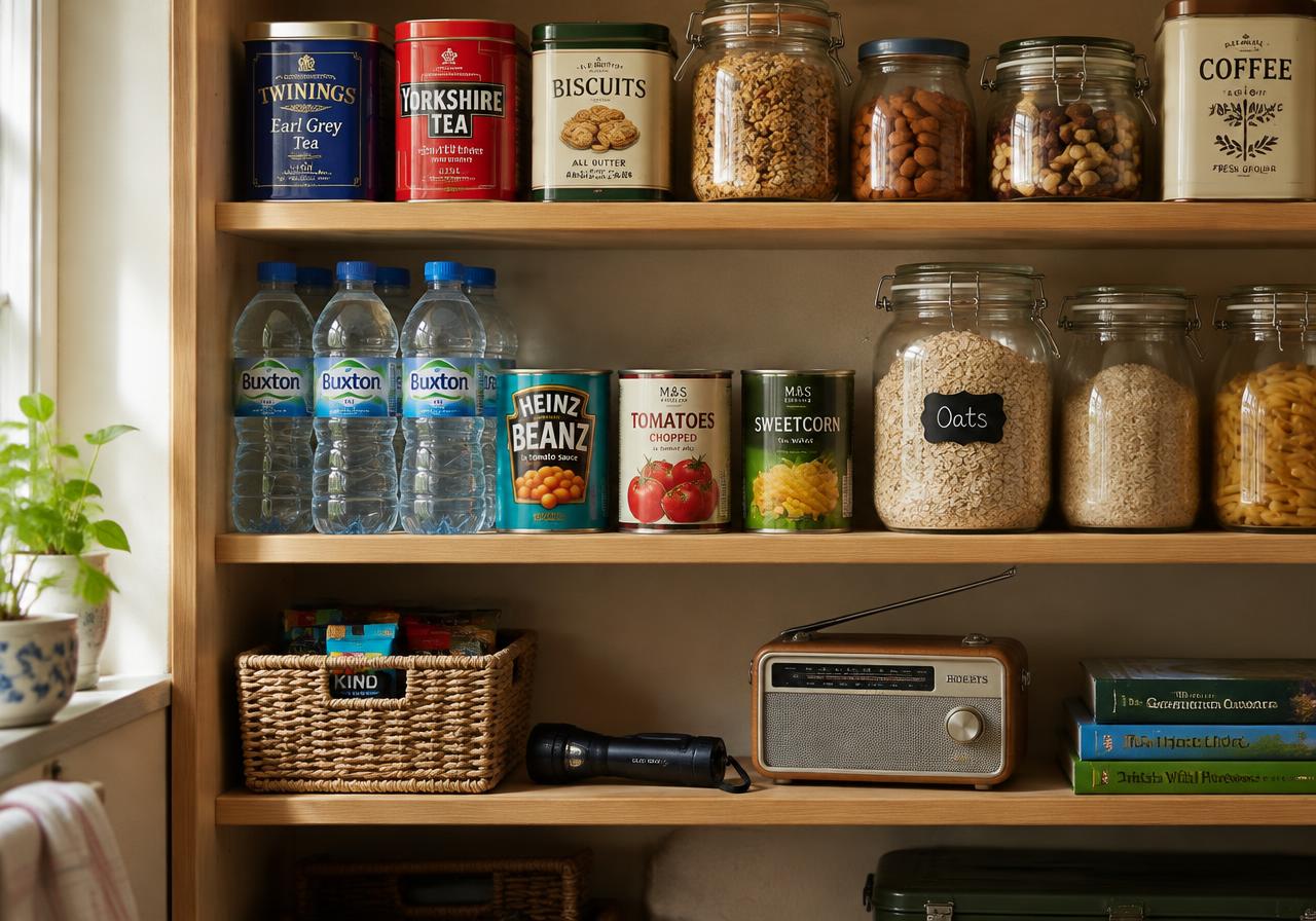Pantry shelves stocked with tins, bottled water, oats, a torch and a radio