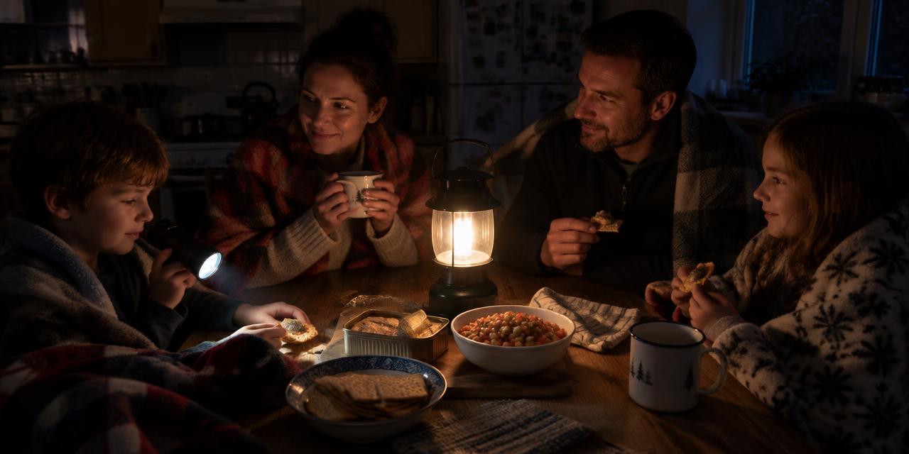 Family eating a cold meal by lantern light during a power cut
