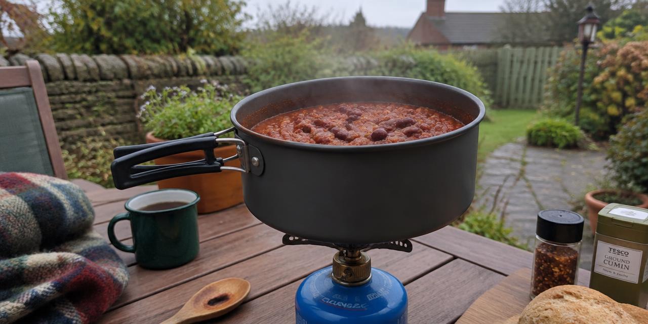 Bean chilli cooking on a camping stove outdoors